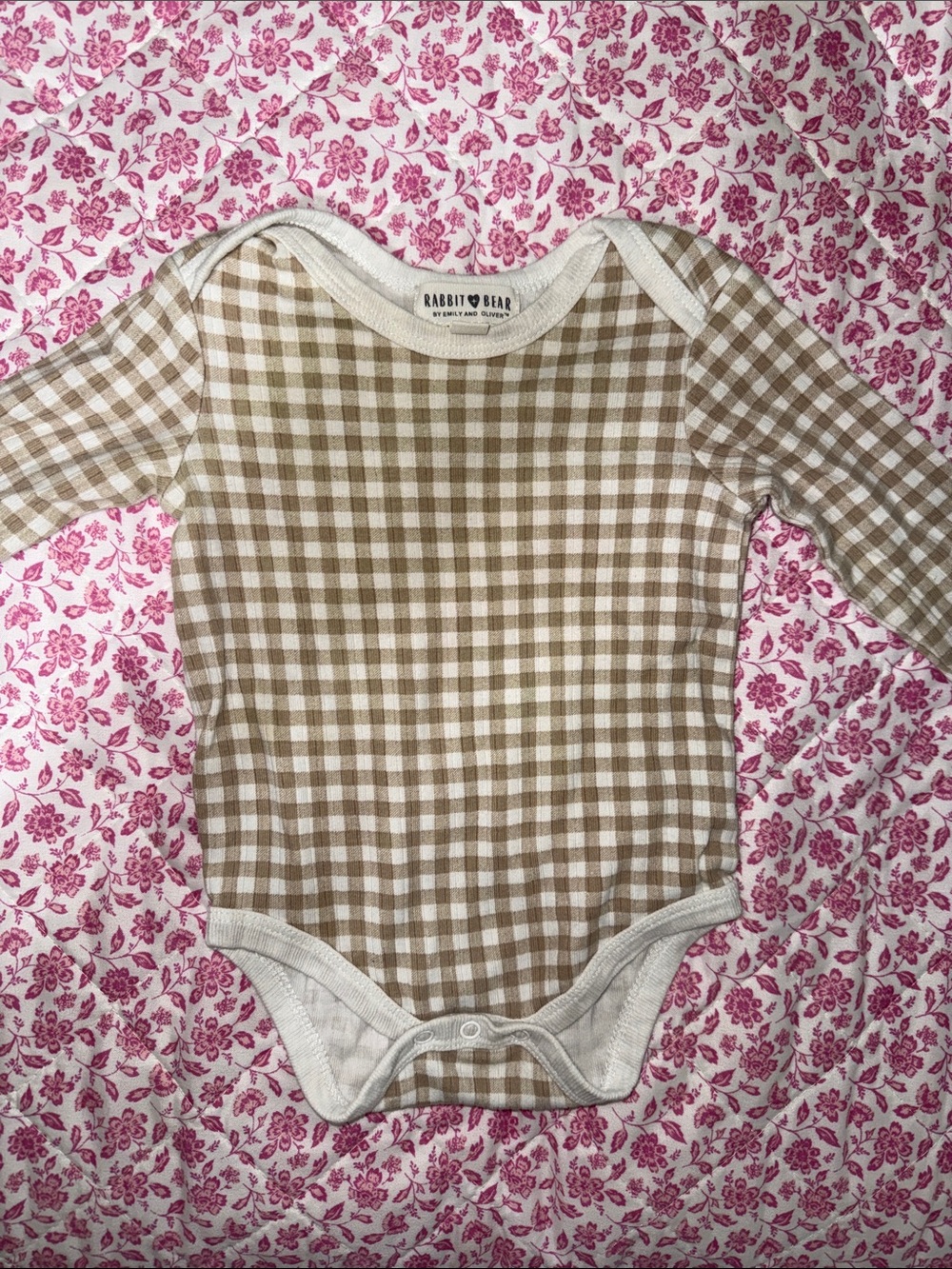 Tan Gingham Long-Sleeve Baby One-Piece